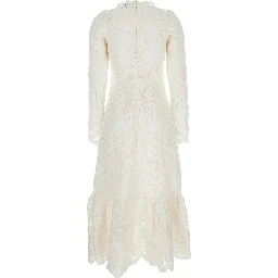 Agathe Applique White Crewneck Long Dress with Asymmetric Hem in Tech Fabric Woman