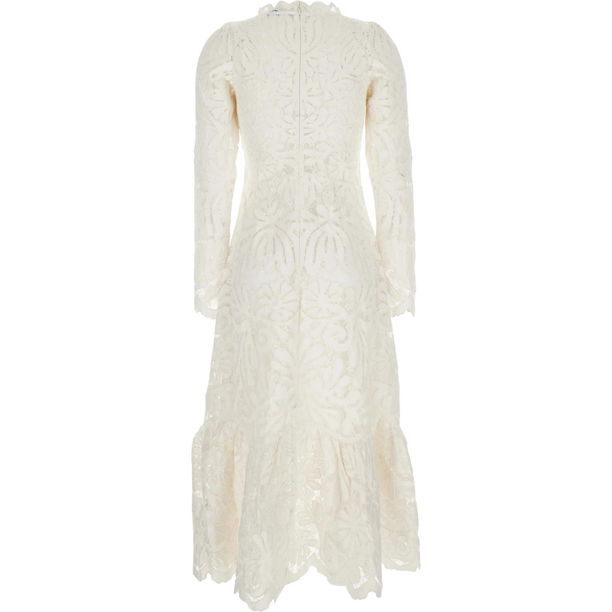 Agathe Applique White Crewneck Long Dress with Asymmetric Hem in Tech Fabric Woman