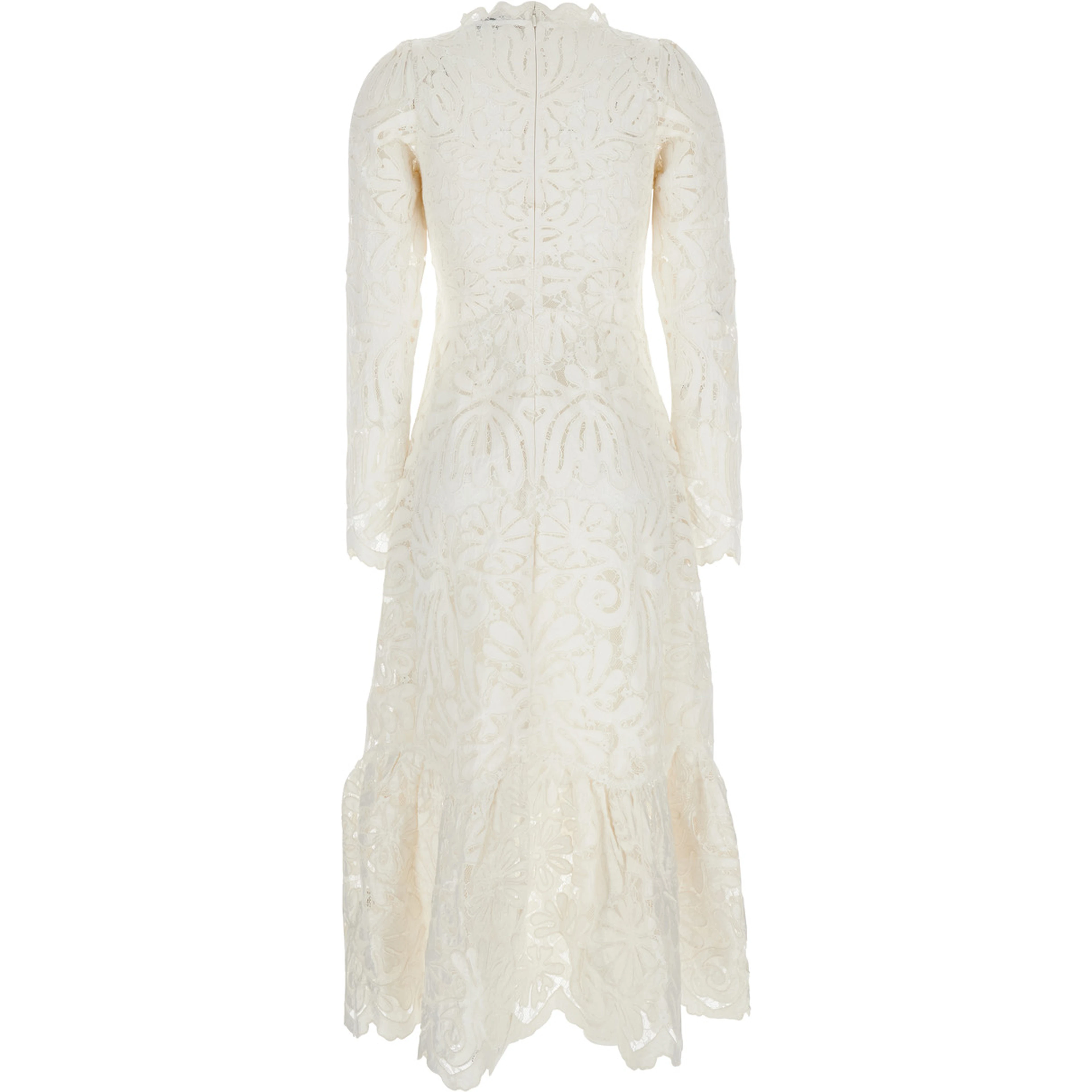 Agathe Applique White Crewneck Long Dress with Asymmetric Hem in Tech Fabric Woman