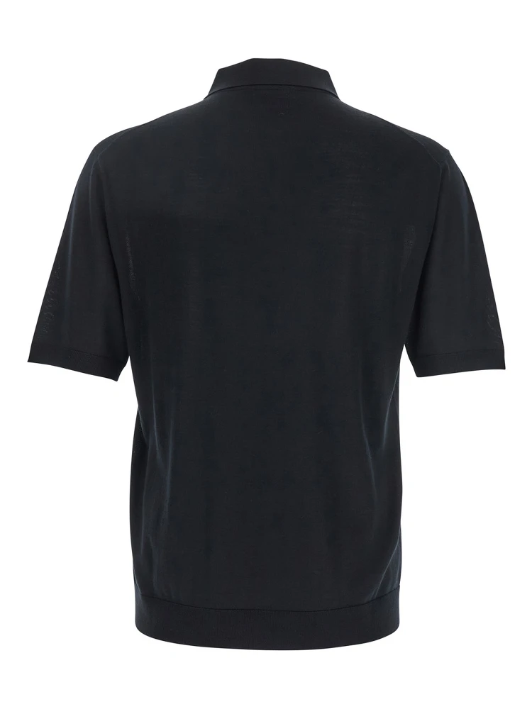 Black Polo Shirt with Chest Pocket and Embroidered Logo on the Front in Fine Silk Knit Man alternative