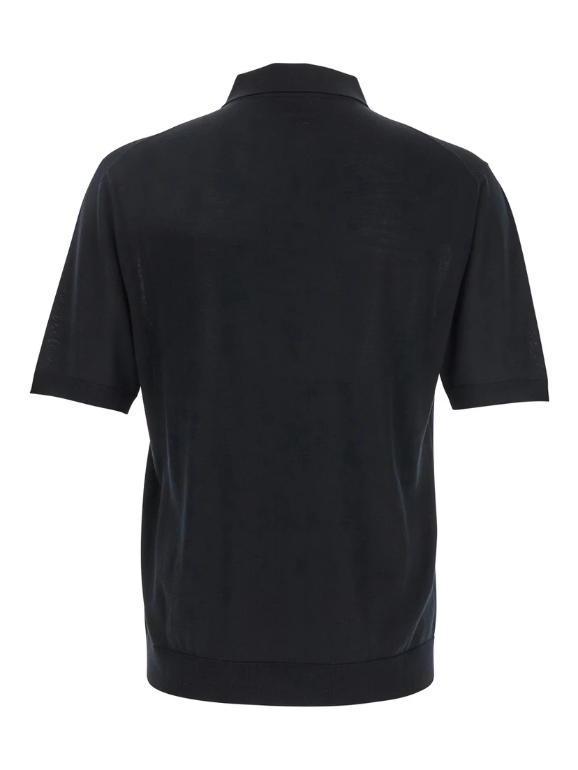 Black Polo Shirt with Chest Pocket and Embroidered Logo on the Front in Fine Silk Knit Man