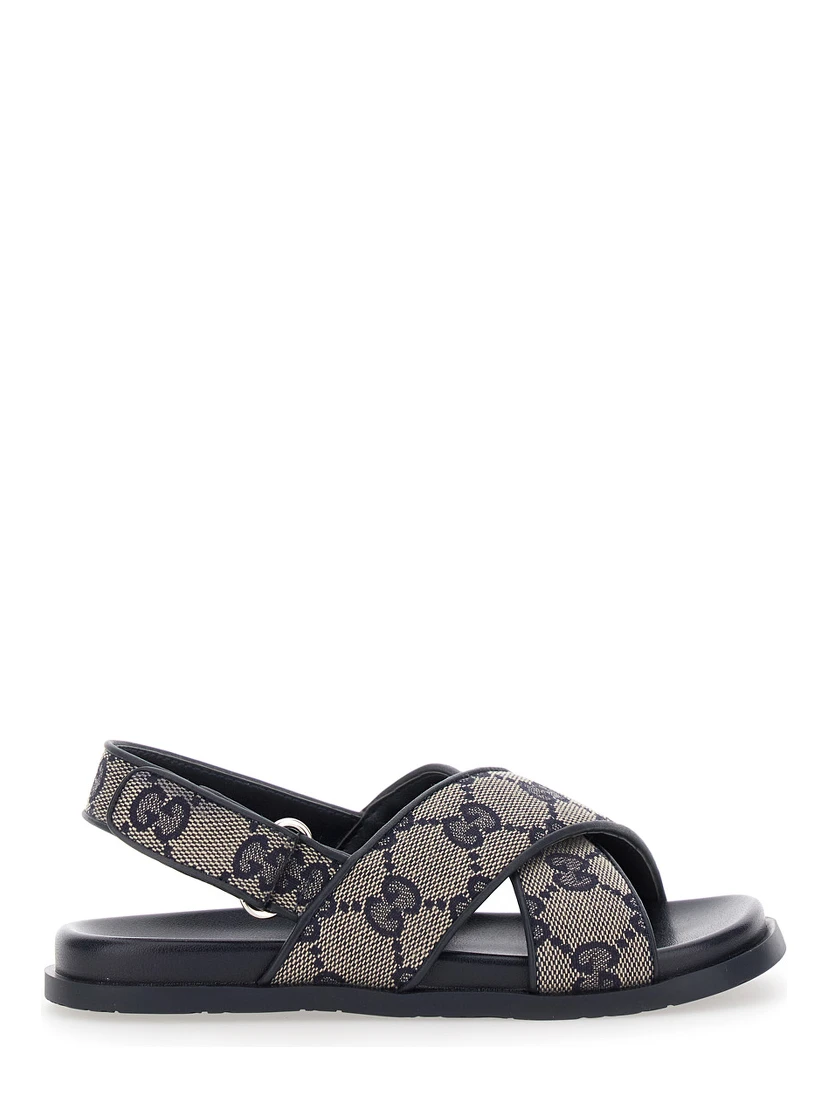 Blue Sandals with All-Over GG Motif and Logo on the Insole in Fabric Blend Girl