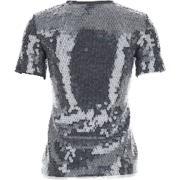 Grey T-Shirt with All-Over Applied Sequins in Tech Fabric Woman