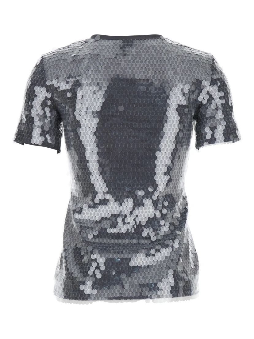 Grey T-Shirt with All-Over Applied Sequins in Tech Fabric Woman