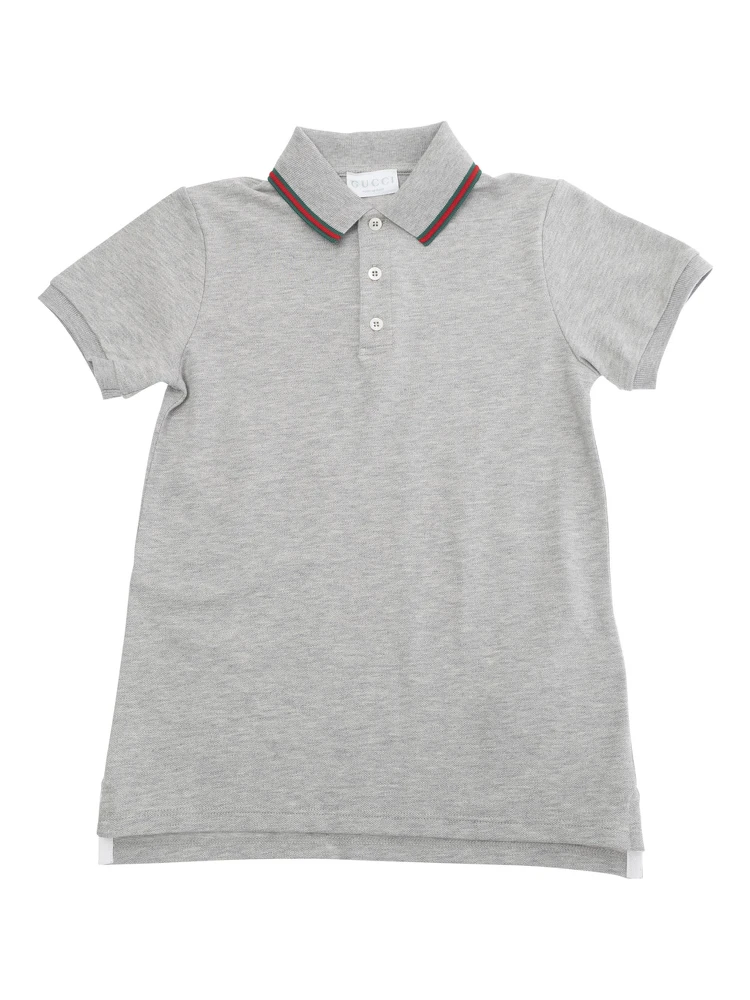 Grey Polo Shirt with Web Detailed Classic Collar in Cotton Boy