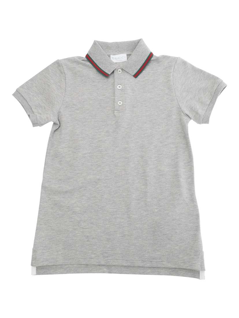 Grey Polo Shirt with Web Detailed Classic Collar in Cotton Boy