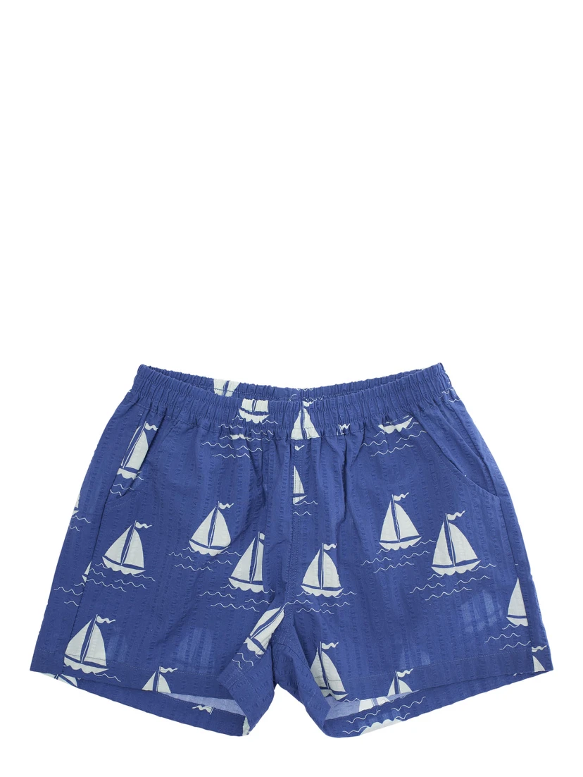 Sailing Boats Blue Shorts with Elastic Waist and All-Over Graphic Print in Cotton Boy