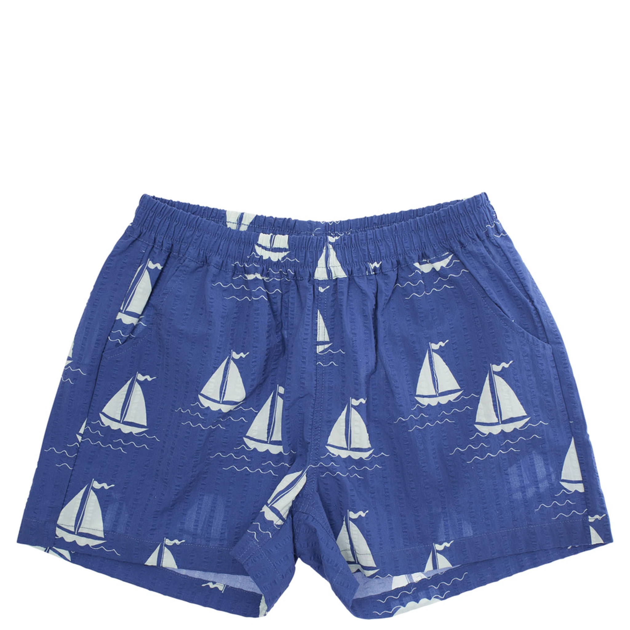 Sailing Boats Blue Shorts with Elastic Waist and All-Over Graphic Print in Cotton Boy