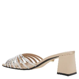 Vittoria Metallic Rhinestoned Sandals with Block Heel in Leather Woman
