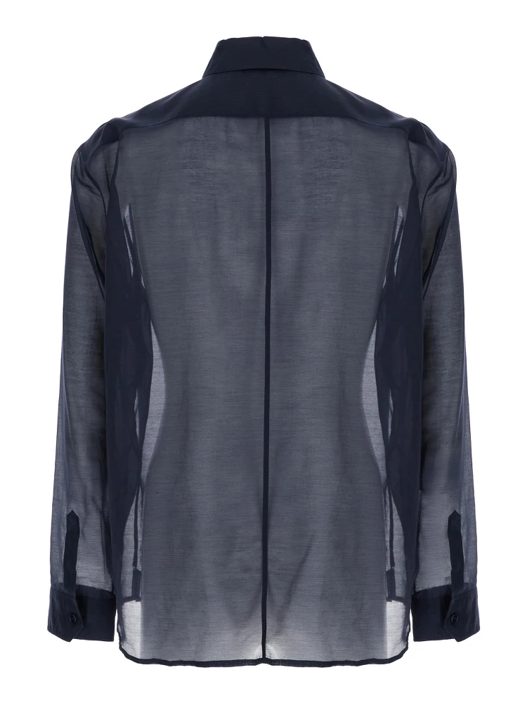 قميص أزرق بياقة كلاسيكية وتفاصيل متباينة من القطن والحرير للرجال alternative