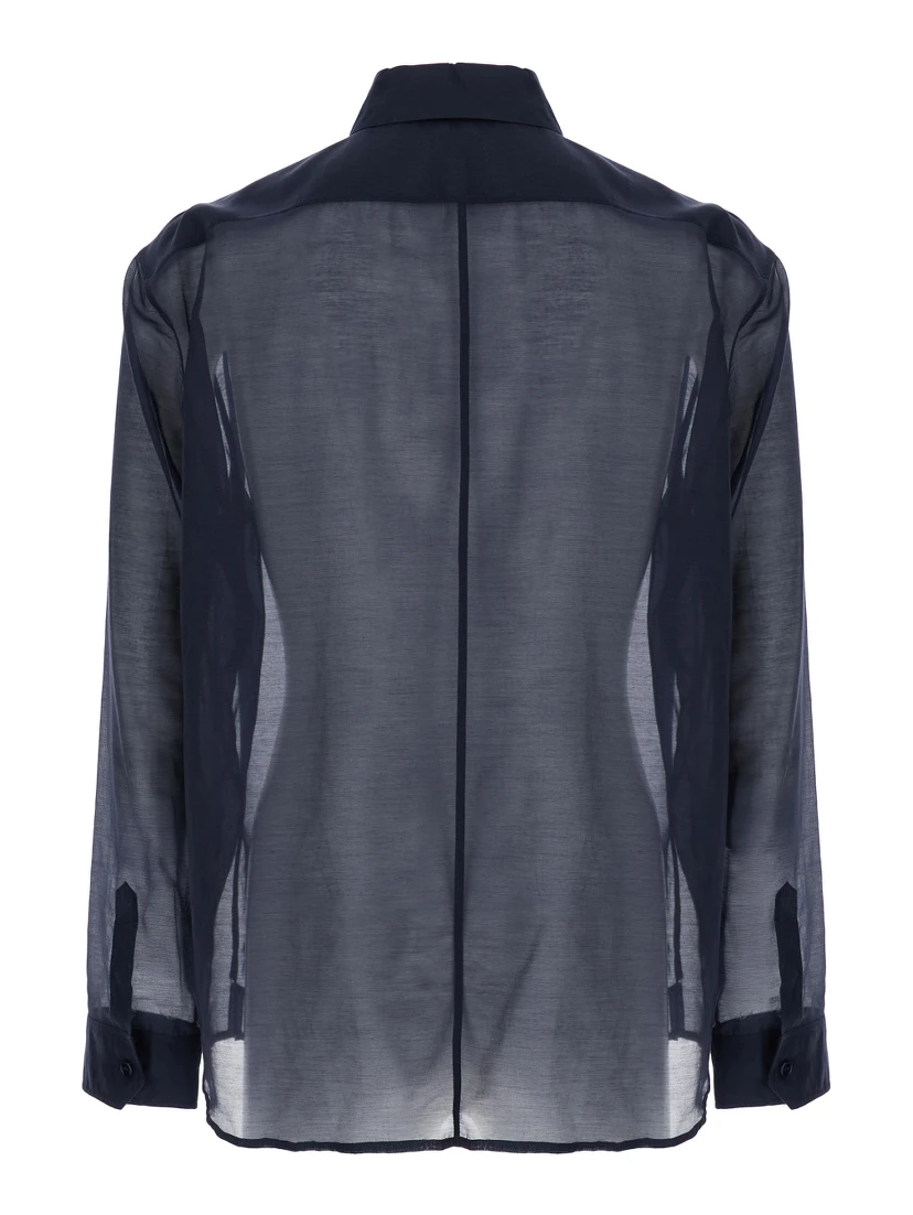 قميص أزرق بياقة كلاسيكية وتفاصيل متباينة من القطن والحرير للرجال