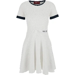 White Flared Dress with Logo Lettering Embroidery on the Front in Viscose Blend Woman