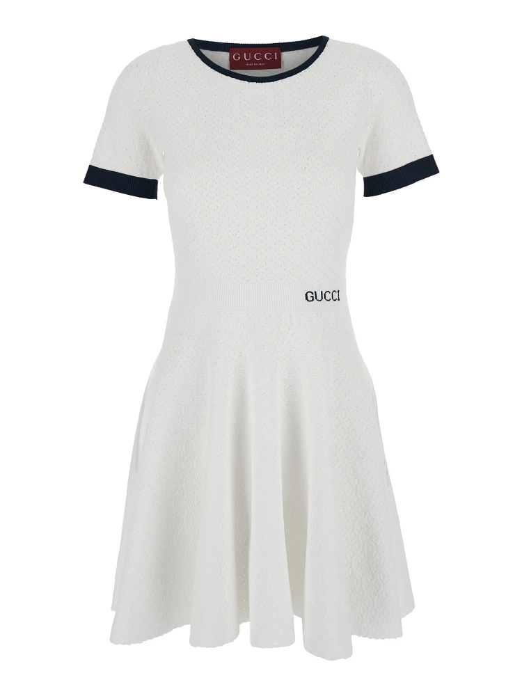 White Flared Dress with Logo Lettering Embroidery on the Front in Viscose Blend Woman