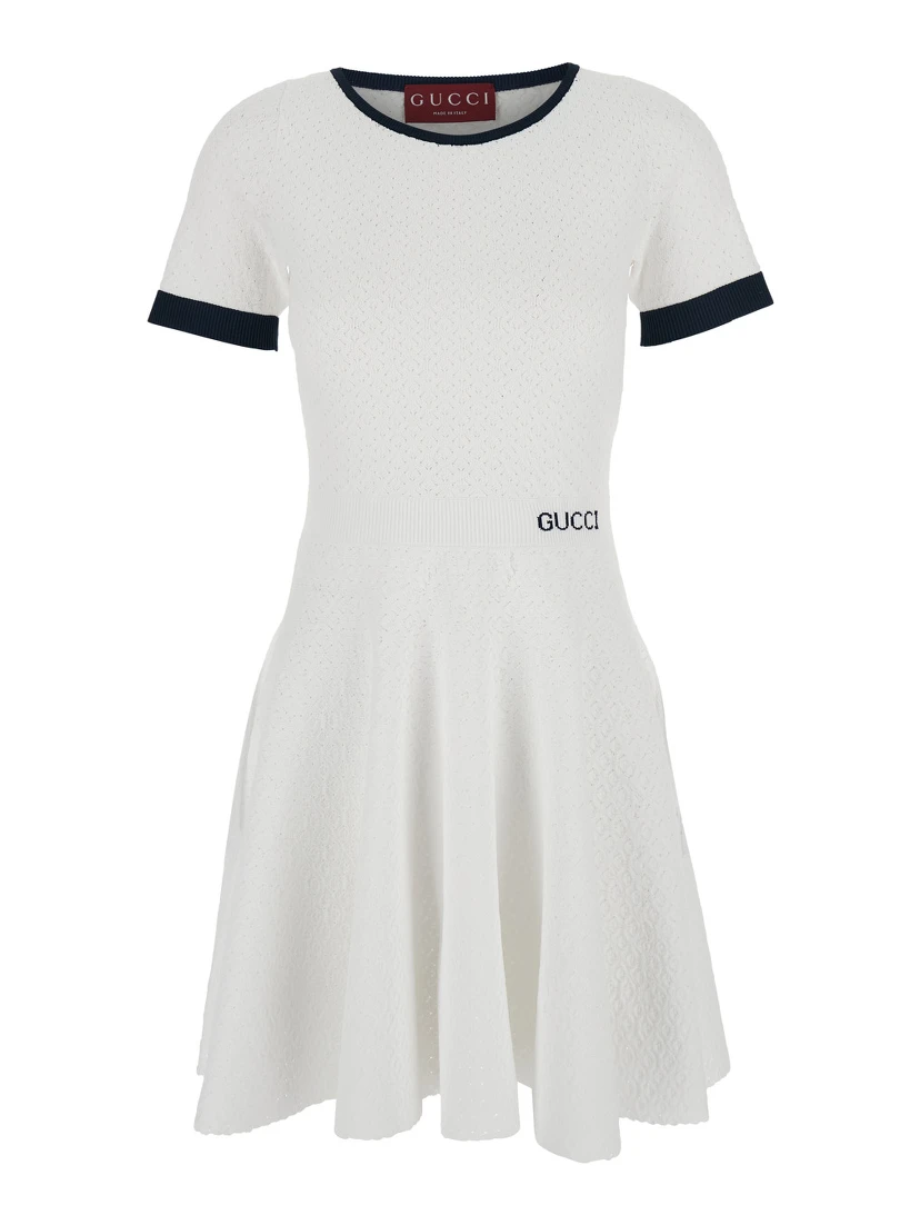 White Flared Dress with Logo Lettering Embroidery on the Front in Viscose Blend Woman