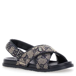 Blue Sandals with All-Over GG Motif and Logo on the Insole in Fabric Blend Girl