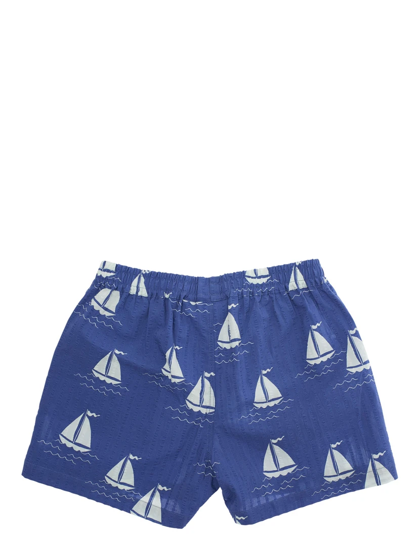 Sailing Boats Blue Shorts with Elastic Waist and All-Over Graphic Print in Cotton Boy