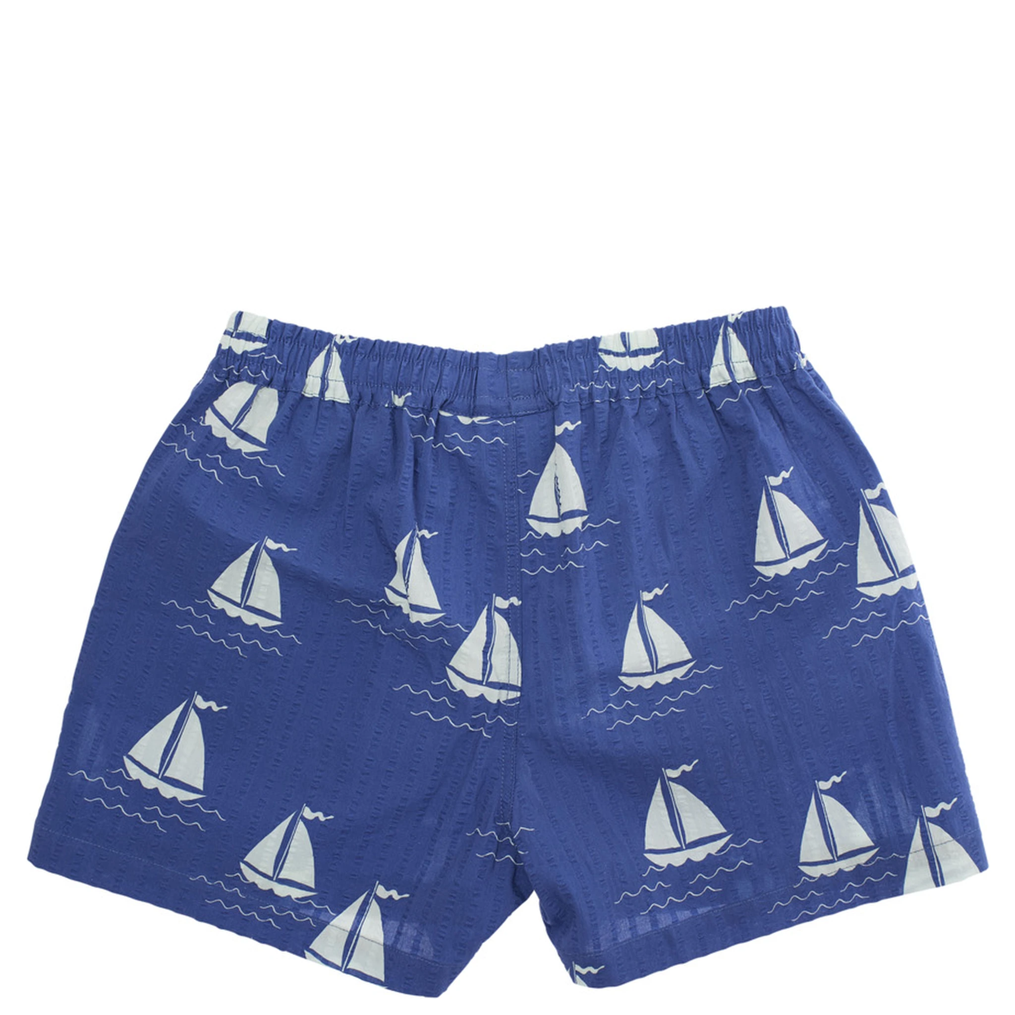 Sailing Boats Blue Shorts with Elastic Waist and All-Over Graphic Print in Cotton Boy