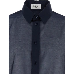 Blue Shirt with Classic Collar and Contrasting Details in Cotton and SIlk Man