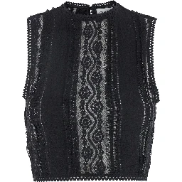 Asteria Black Top with Embroidery Details and Semi-Transparent Design in Cotton and Tech Fabric Blend Woman