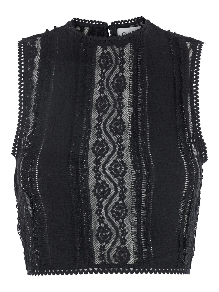 Asteria Black Top with Embroidery Details and Semi-Transparent Design in Cotton and Tech Fabric Blend Woman