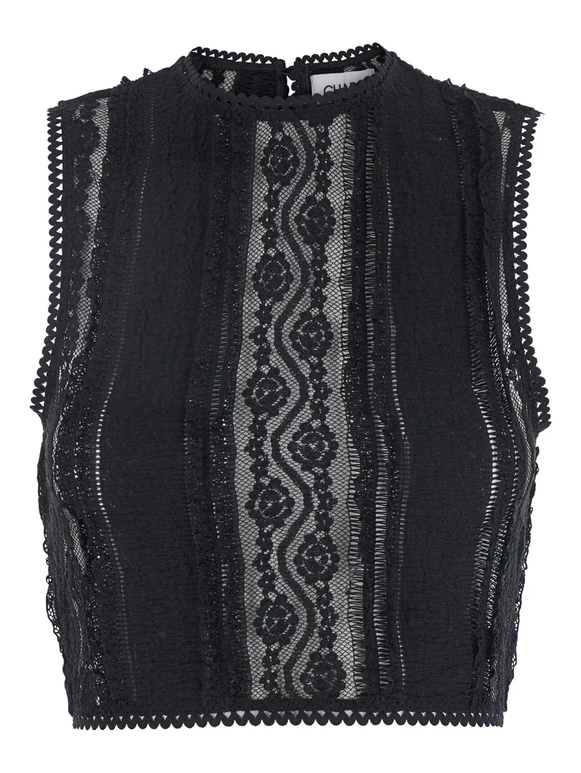 Asteria Black Top with Embroidery Details and Semi-Transparent Design in Cotton and Tech Fabric Blend Woman