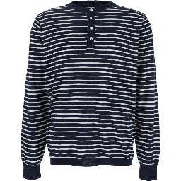 Blue Crewneck T-Shirt with All-Over Striped Motif in Cotton Man