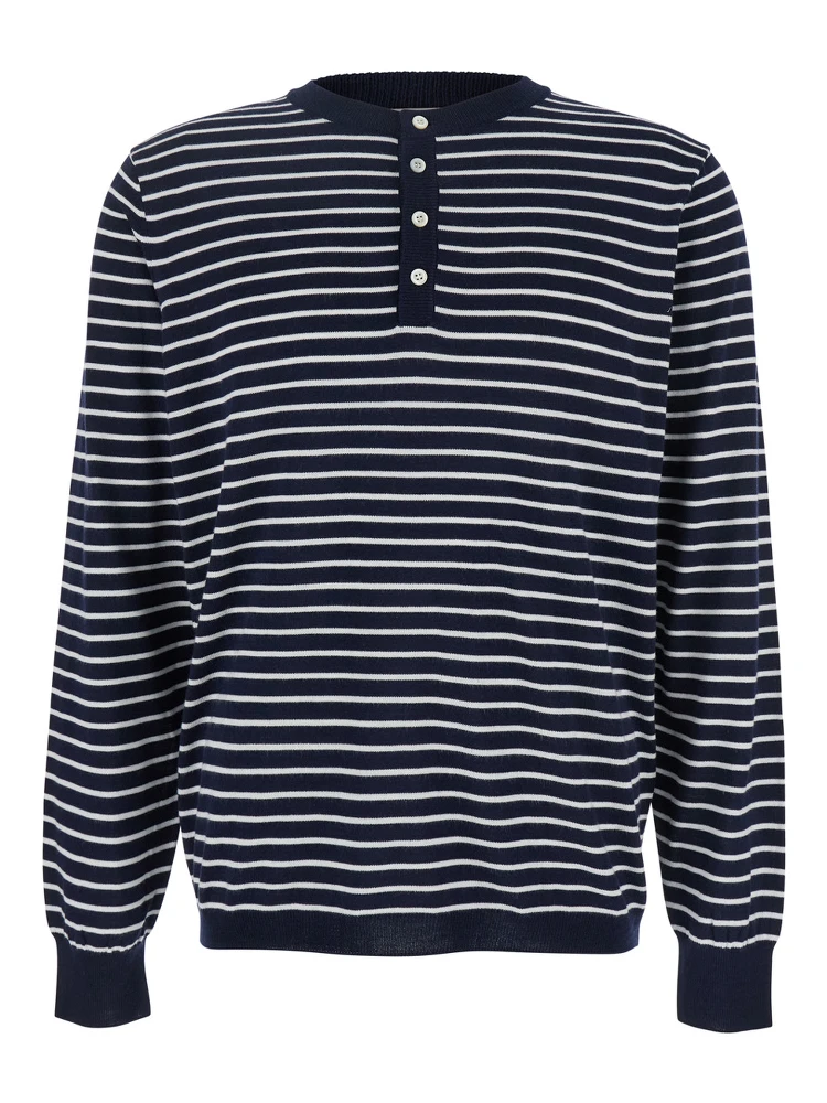 Blue Crewneck T-Shirt with All-Over Striped Motif in Cotton Man