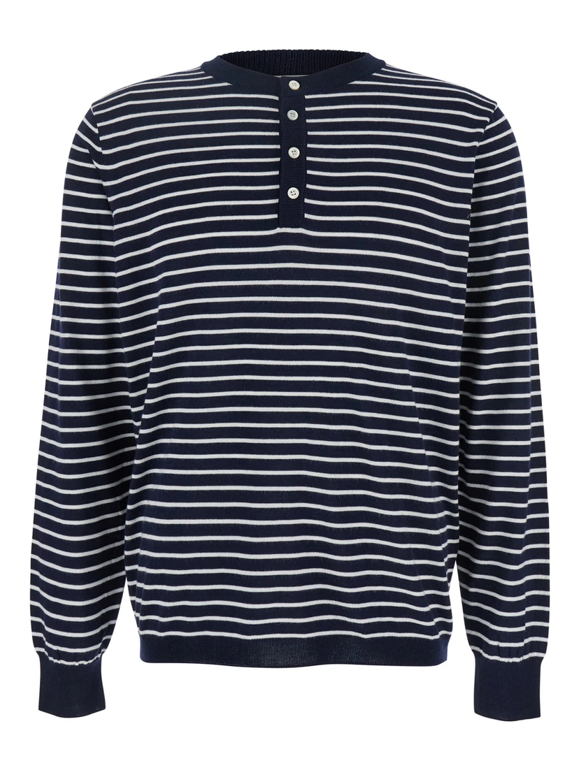 Blue Crewneck T-Shirt with All-Over Striped Motif in Cotton Man