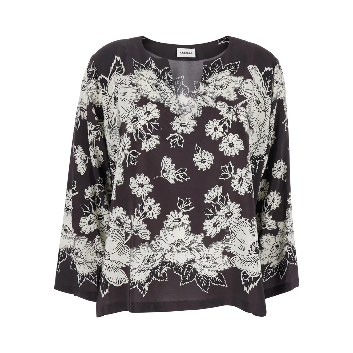White and Black Blouse with V-neck and All-Over Floral Pattern in Silk Woman