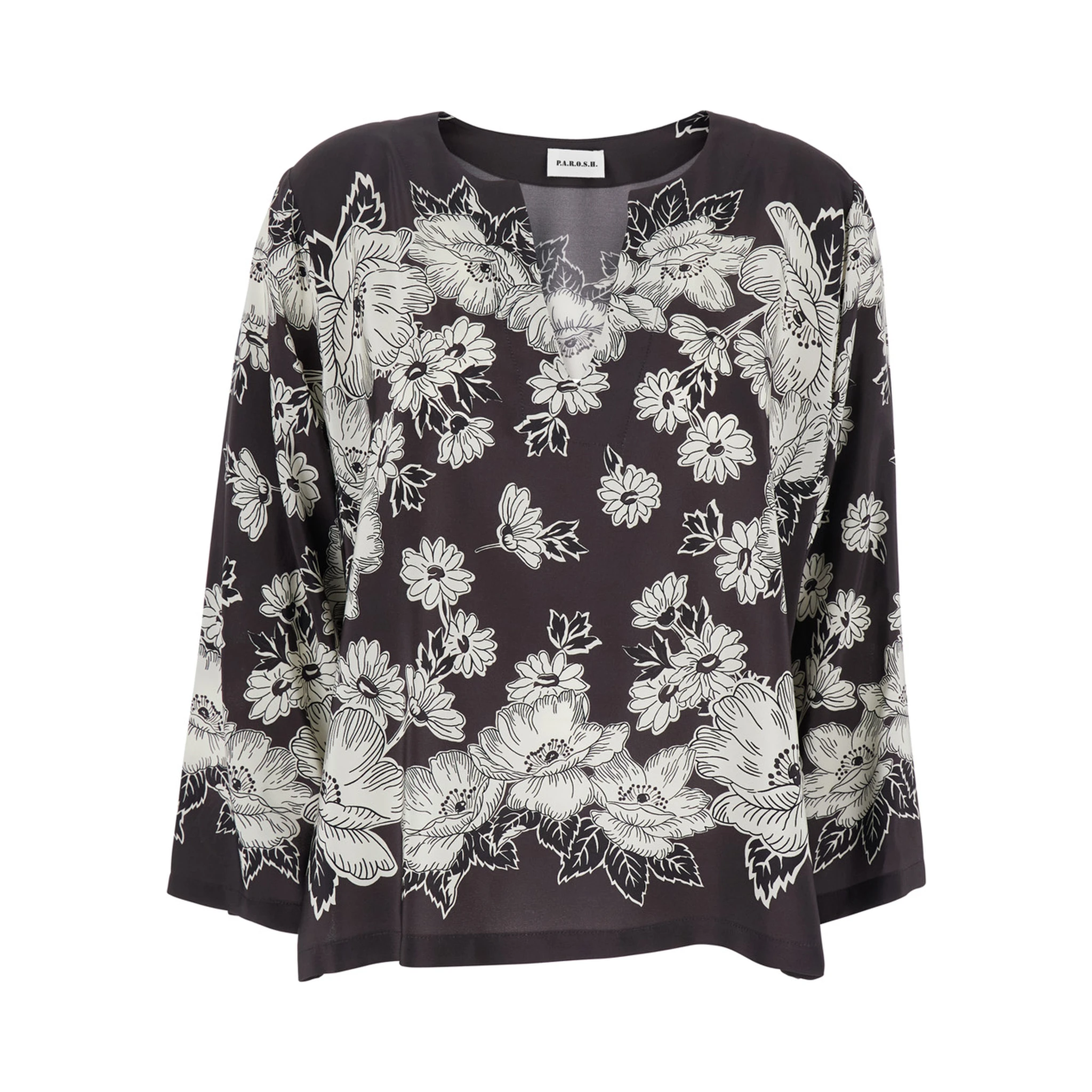 بلوزة بيضاء وسوداء بياقة على شكل حرف V ونقشة زهور كاملة من الحرير للنساء