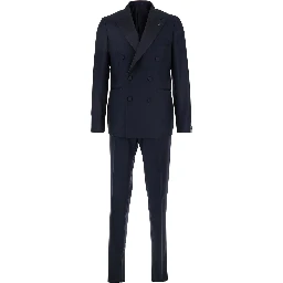 Blue Double-Breasted Tuxedo Suit with Covered Buttons in Virgin Wool Man
