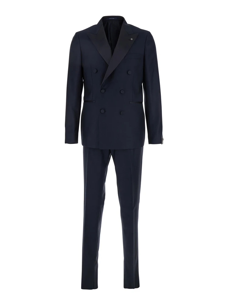 Blue Double-Breasted Tuxedo Suit with Covered Buttons in Virgin Wool Man