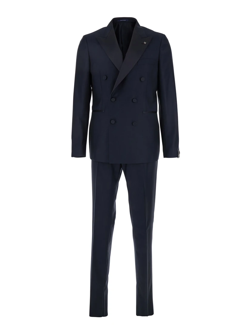 Blue Double-Breasted Tuxedo Suit with Covered Buttons in Virgin Wool Man