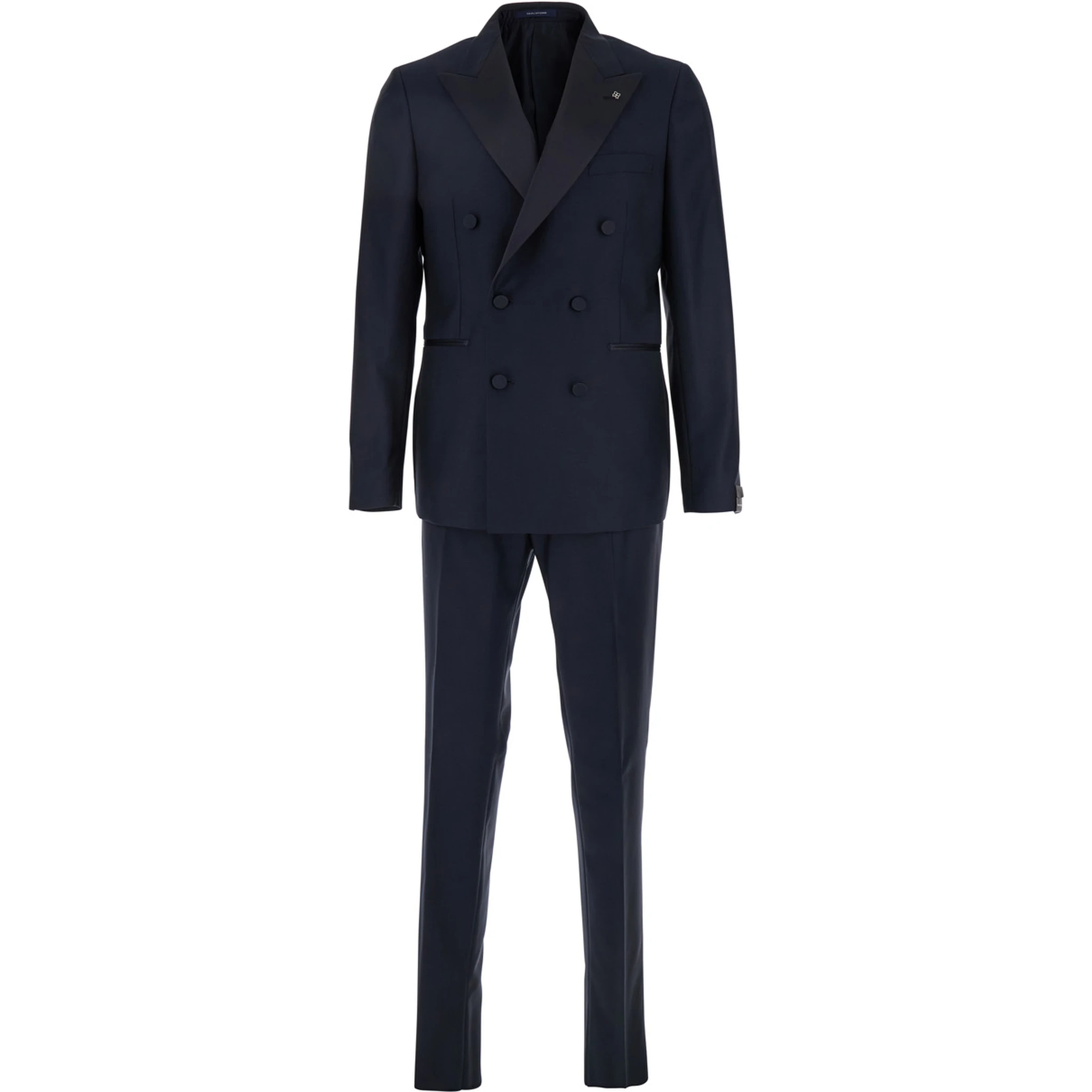 Blue Double-Breasted Tuxedo Suit with Covered Buttons in Virgin Wool Man