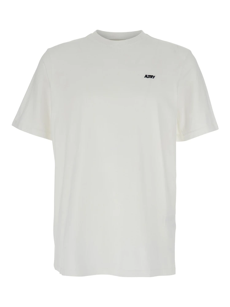 White Round Neck T-Shirt with Logo Embroidered on the Front in Cotton Man