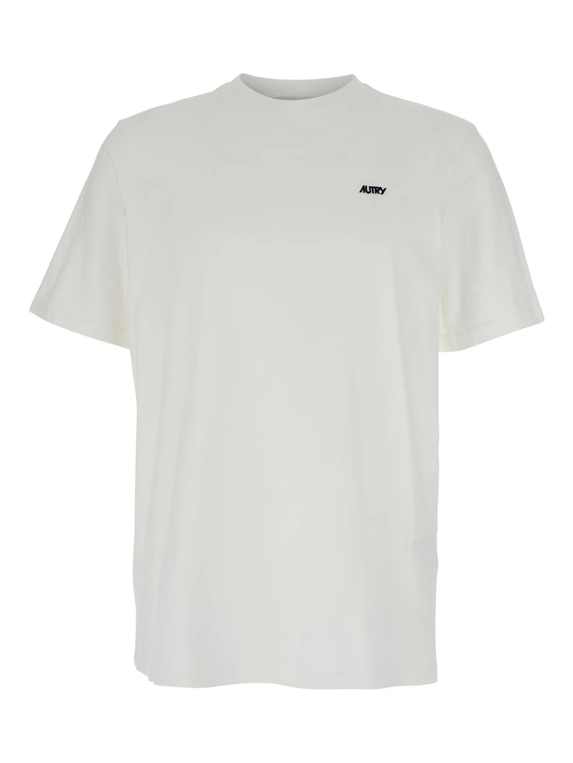 White Round Neck T-Shirt with Logo Embroidered on the Front in Cotton Man
