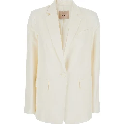 White Single-Breasted Jacket with Notched Revers and Dropped Shoulders in Linen Blend Woman