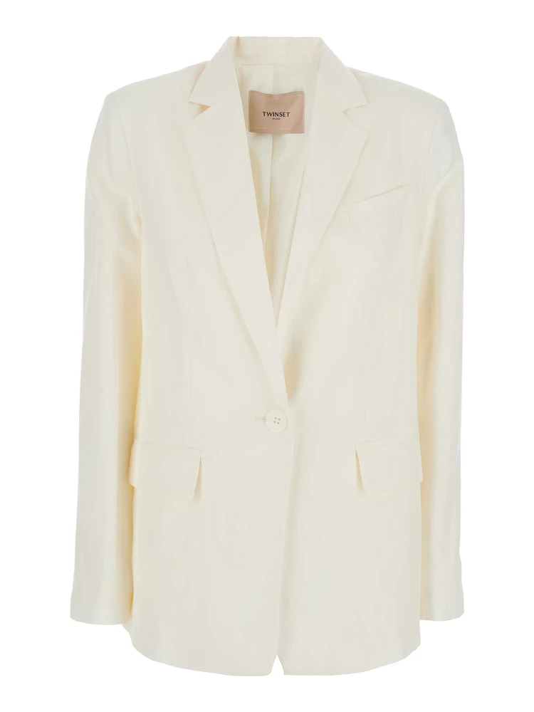 White Single-Breasted Jacket with Notched Revers and Dropped Shoulders in Linen Blend Woman