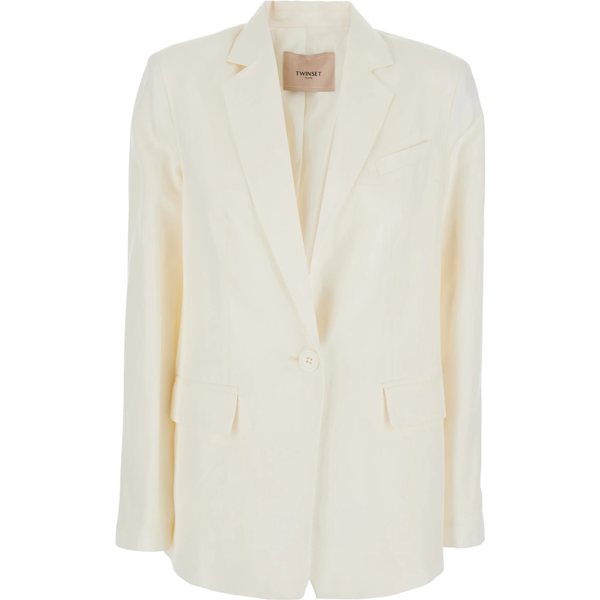 White Single-Breasted Jacket with Notched Revers and Dropped Shoulders in Linen Blend Woman