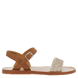 Plagette Brown Sandals with Open Toe and Glitter Detail in Leather Girl