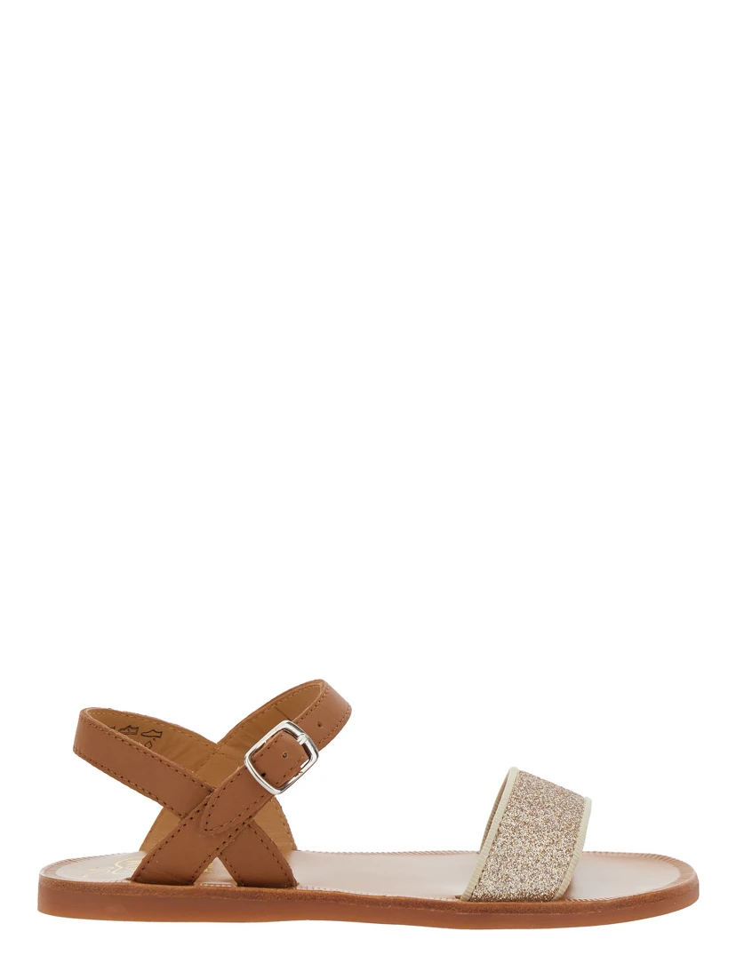 Plagette Brown Sandals with Open Toe and Glitter Detail in Leather Girl