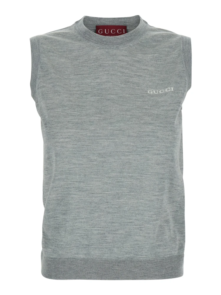 Grey Sleeveless Sweater with Logo on the Front in Cashmere Woman