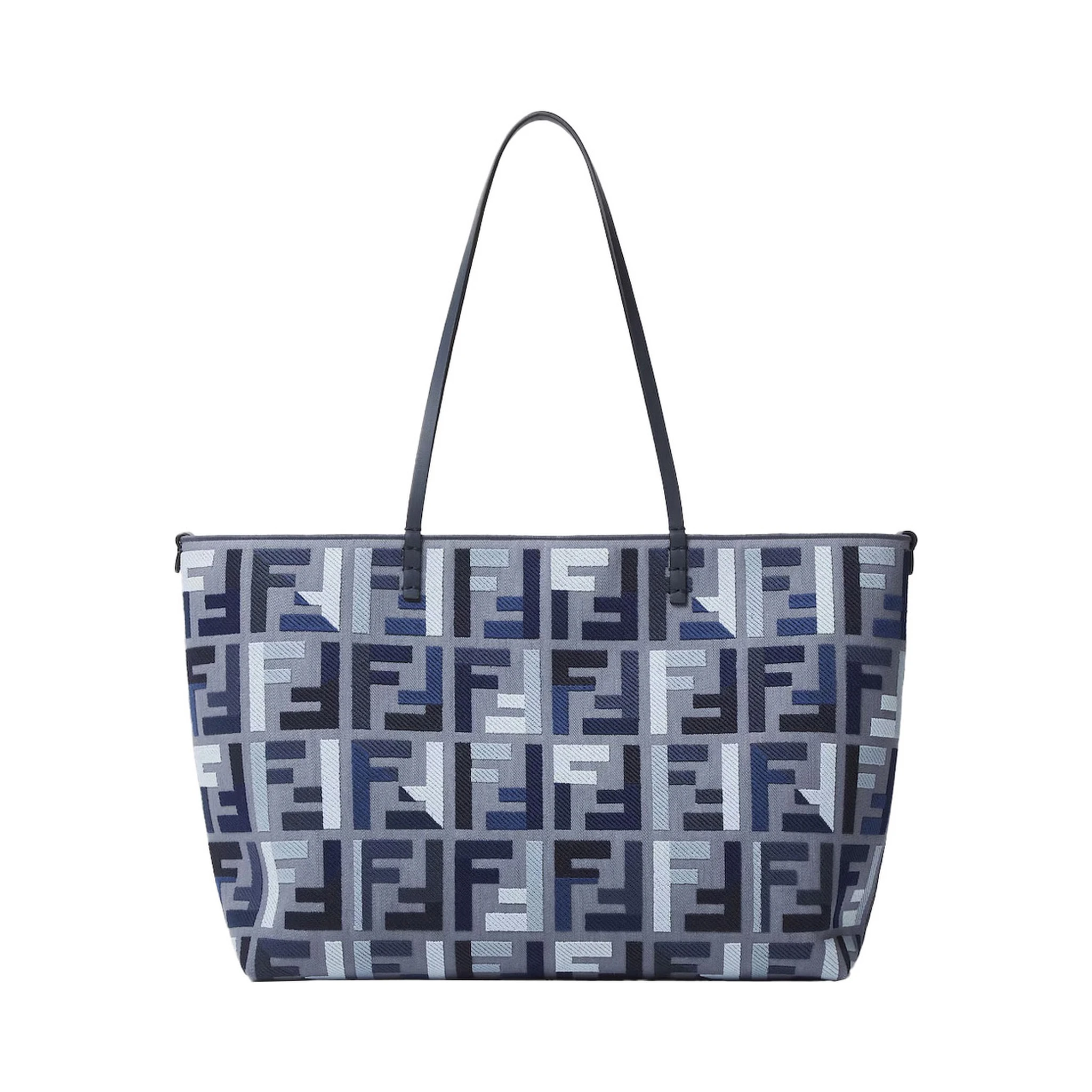 Roll Large Blue Shopper with All-Over FF Motif and Double Top Handles in Cotton Blend Woman
