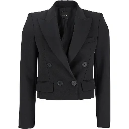 Black Double-Breasted Cropped Jacket with Peak Lapels in Satin Woman