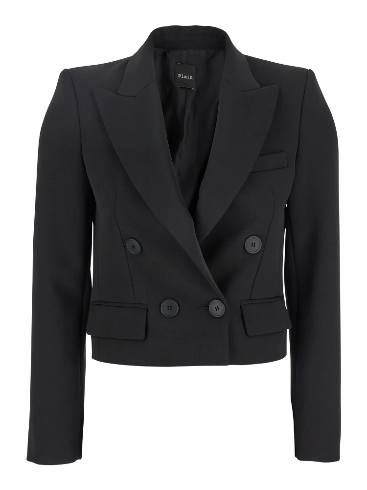 Black Double-Breasted Cropped Jacket with Peak Lapels in Satin Woman