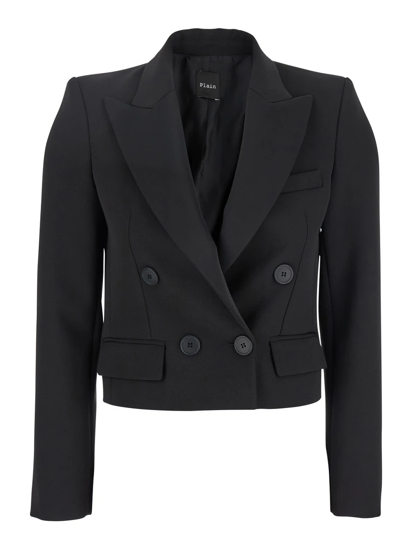 Black Double-Breasted Cropped Jacket with Peak Lapels in Satin Woman