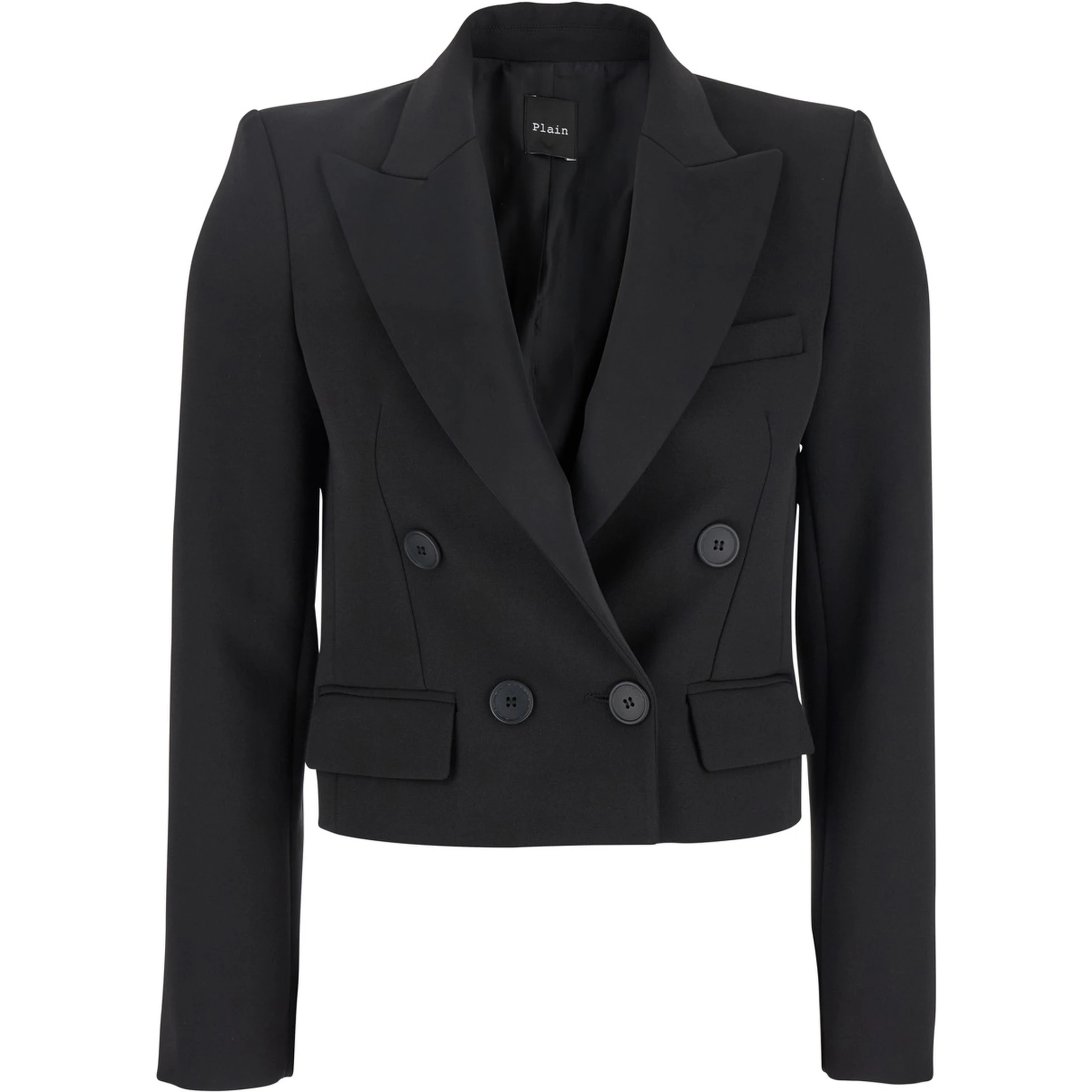 Black Double-Breasted Cropped Jacket with Peak Lapels in Satin Woman
