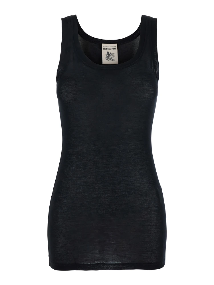Black Sleeveless Top with U-neck in Viscose Woman