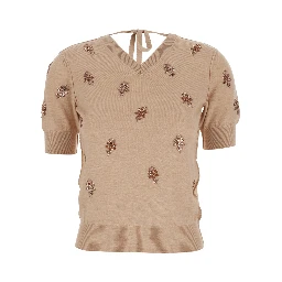 Pink T-Shirt with V Neck on Front and Rear and Floral Embroidery on the Front in Wool Woman