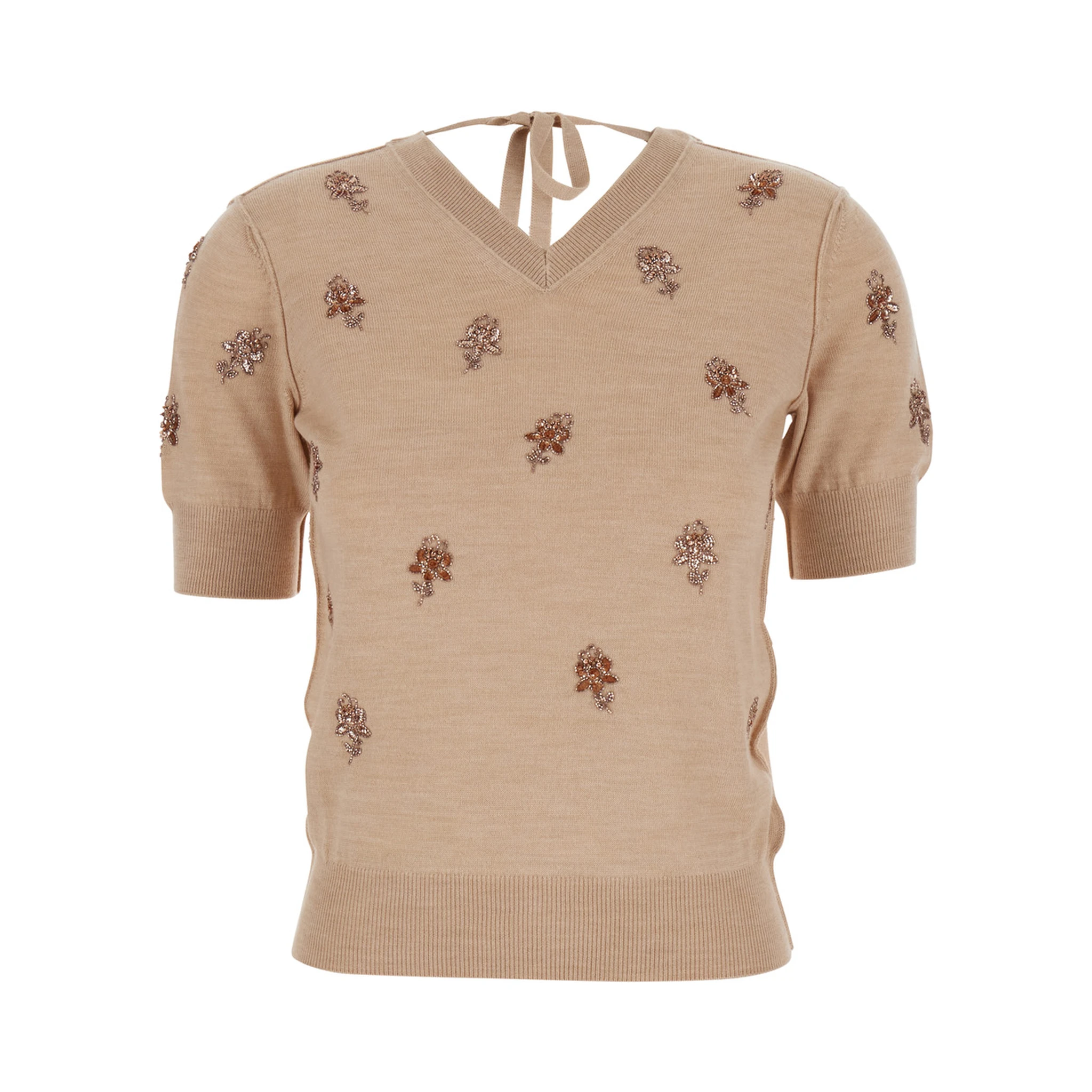 Pink T-Shirt with V Neck on Front and Rear and Floral Embroidery on the Front in Wool Woman